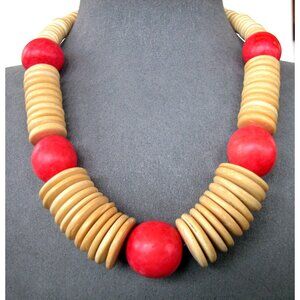 Chunky Red & Beige Wooden Bead Necklace With Gold-Tone Clasp